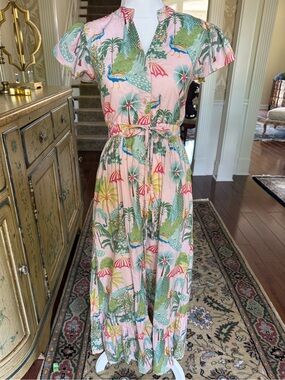 Pink Tropical Print Midi Dress with Tie Waist